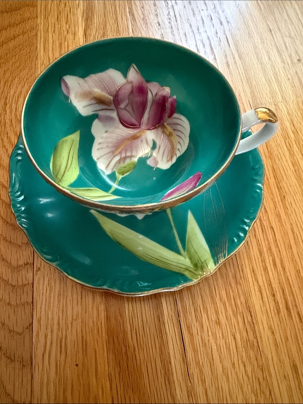 Teal Floral Hand-Painted Tea Cup & Saucer vintage